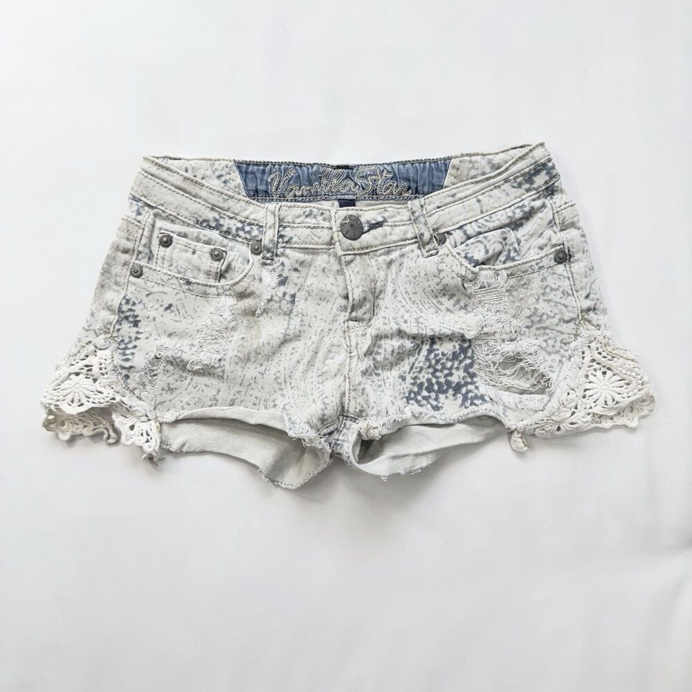 Vanilla Star Micro Mini Denim Shorts Size 3 Low Rise Booty Distressed Lace Y2K